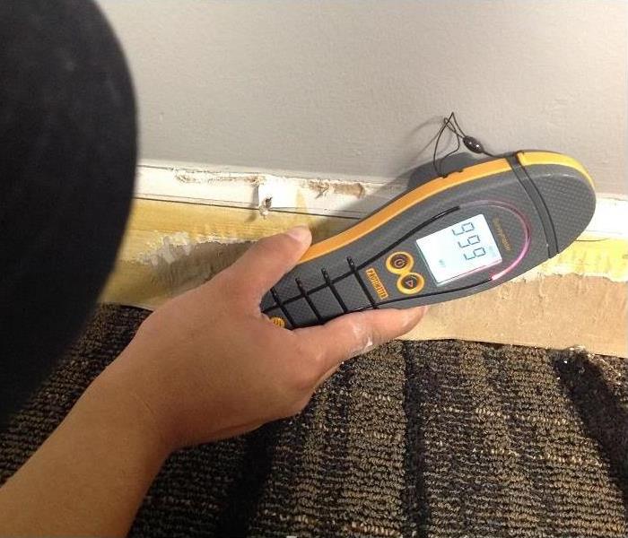 A moisture reader on wood with water damage reading at 99.9 points