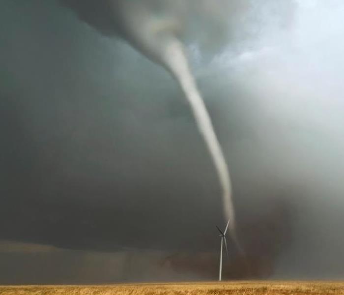 A tornado funnel touching down in a field.